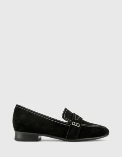 Abelon Suede Stitched Flat Penny Loafers Black By Wittner