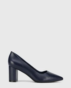 Dalena Leather Pointed Toe Block Heels Navy By Wittner