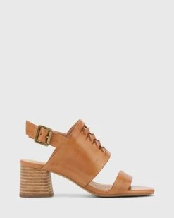 Devanti Leather Plaited Front Block Heel Sandals Tan By Wittner
