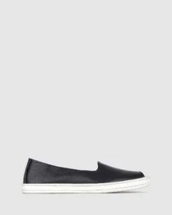 Gina Peep Toe Leather Flats Black By Airflex