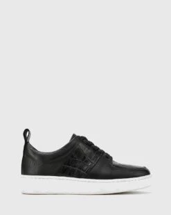 Gino Smooth Croc Leather Lace Up Sneakers Black By Wittner