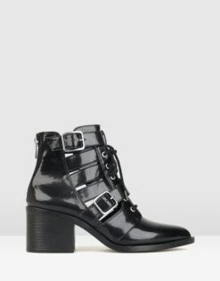 Kilter Pointed Buckle Ankle Boots Black Patent By Betts