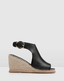 Mila High Heel Wedge Espadrilles Black Leather By Jo Mercer