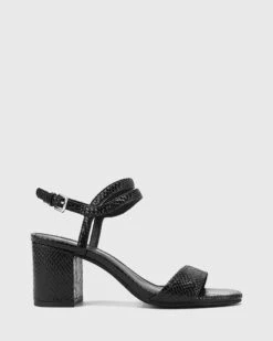 Neoma Mini Snake Print Leather Open Toe Block Heel Sandals Black By Wittner