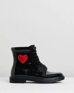 Patent Lace-Up Ankle Boots Black By Love Moschino