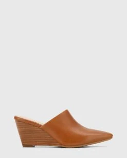 Polina Leather Snib Toe Wedge Mules Tan By Wittner