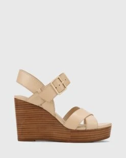 Vivia Leather Crossed Strap Open Toe Wedges Beige By Wittner