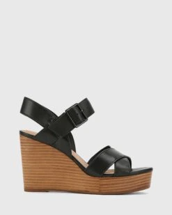 Vivia Leather Crossed Strap Open Toe Wedges Black By Wittner