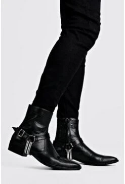 Faux Leather Tape Harness Cuban Chelsea Boots In Black