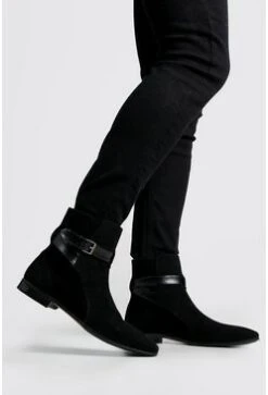 Wrap Around Faux Suede Chelsea Boots In Black