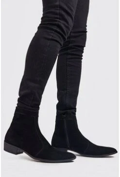 Faux Suede Zip Cuban Chelsea In Black