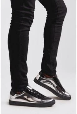 Mirror Shine Lace Up Trainer In Silver