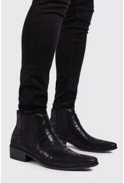 Faux Snake Print Western Chelsea Boot In Black